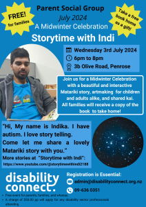flyer of Parent Social Group July 2024. Picture with Indika, the facilitator of the event. Right bottom is a picture of stars in the sky. 